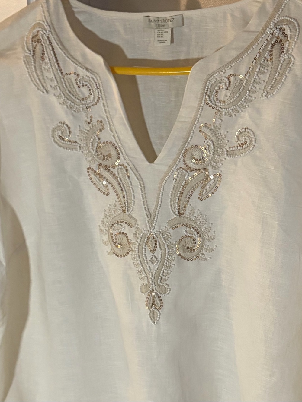 Saint Tropez West White Embellished beaded XL V-Neck Linen Tunic